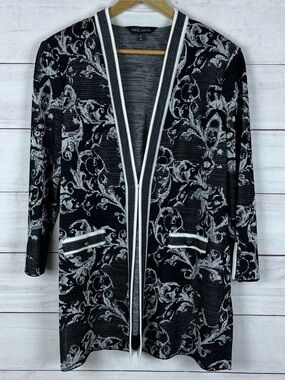 $295 Ming Wang Womens Heritage Fit Floral Jacquard Knit Cardigan Black Large
